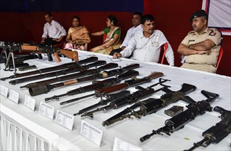 An arms stall during an exhibition to commemorate Assam Police Day, in Guwahati, Assam, India on