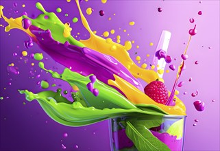 Vibrant smoothie blending abstract shapes and colors, where layers of fruits and greens swirl