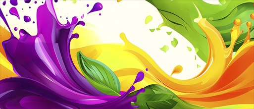 Vibrant smoothie blending abstract shapes and colors, where layers of fruits and greens swirl