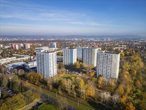 Residential buildings and tower blocks in Dresden Zschertnitz, aerial view, Dresden, Saxony,