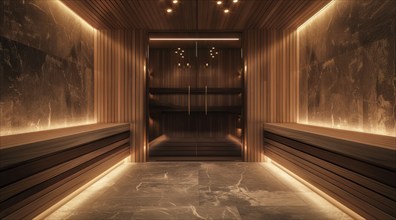 A luxury spa sauna wellness room with a large marble bathtub and a fireplace, AI generated