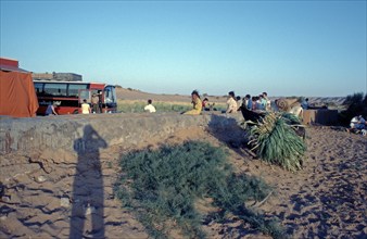 People, coach, Rotel-Tours stand, El Heiz oasis, Al-Bahariyya oasis, Libyan Desert, Egypt, Africa