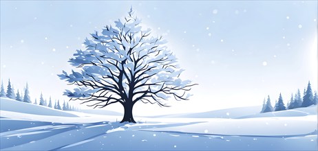 Abstract minimalist winter scene with a single, sharp silhouette of a snow-covered tree on a vast,