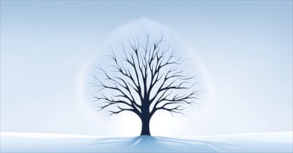 Abstract minimalist winter scene with a single, sharp silhouette of a snow-covered tree on a vast,