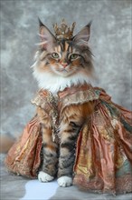 Maine coon cat dressed in medieval attire with jewels and crown, AI generated