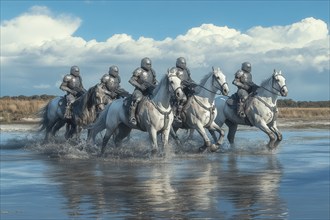 Cyborg soldiers in full battle armor riding white horses in water, AI generated