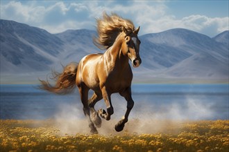 White horse galloping in front of a lake, AI generated