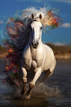 White horse with a flamboyant mane galloping in the water, AI generated