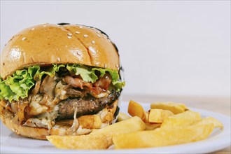 Big cheeseburger with fries served with copy space. Homemade burger with french fries on a plate on