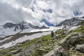 Mountaineers on a hiking trail, glaciated rocky mountain peak Großer Möseler in the background