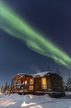 Northern Lights, Aurora borealis, wooden house, cabin, moonlight, winter, snow, Inuvik, Northwest