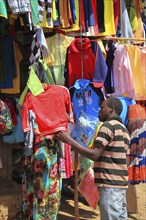 South Ethiopia, street scene in Jinka, market stall with clothes, Ethiopia, Africa