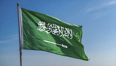 Flag, the national flag of Saudi Arabia flutters in the wind