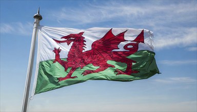 The flag of Wales, Great Britain, flutters in the wind