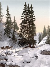 Davos, in winter, Graubuenden, Switzerland, Historical, digitally restored reproduction from a 19th