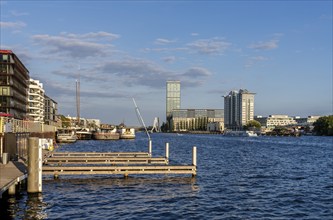 View from the Spree towards Treptow, Molekül Man and Twin Towers, Berlin, Germany, Europe