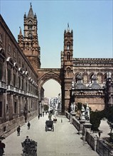 Via M. Bonello and the Cathedral of Palermo, Sicily, Italy, 1890, Historical, digitally restored