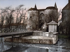 Gentpoort, city gate in, Bruges, Belgium, ca 1895, Historical, digitally restored reproduction from