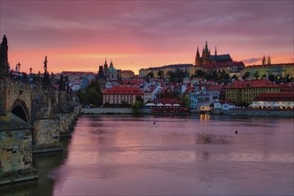 View over the Vltava River to the Hradcany, evening mood, Charles Bridge, Prague, Czech Republic,