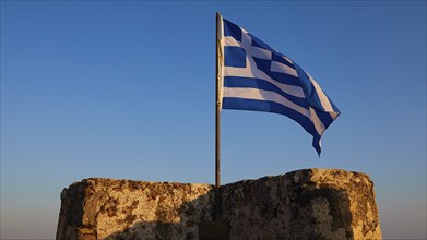 Evening light, Corner tower, Greek national flag, Frangokastello, Venetian fortress, Zwingburg,