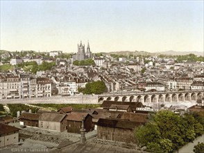 Lausanne, general view, Geneva Lake, Switzerland, Historic, digitally restored reproduction from a