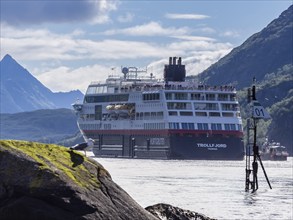 Hurtigruten cruise ship 'Trollfjord' passing the Raftsund, the strait between islands Hinnøya and