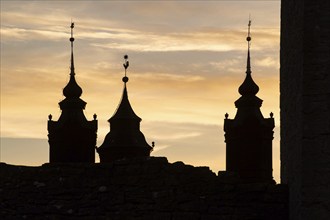 Tower silhouettes, Cathedral, Hanseatic City of Visby, UNESCO World Heritage Site, Gotland Island,