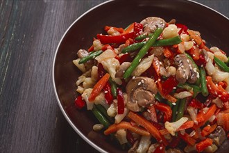 Wok, Asian-style vegetables, street food, mixed vegetables, no people, top view