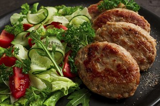 Fried cutlets, turkey, with vegetable salad, top view, no people