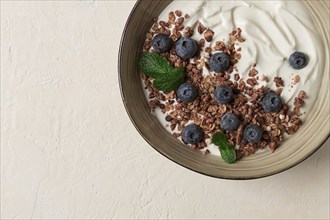 Yogurt with chocolate muesli, with berries, blueberries, breakfast, close-up, fork on top, no