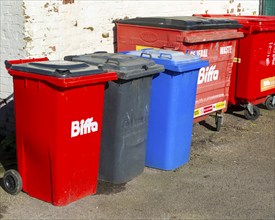 Biffa and other waste bins, Halesworth, Suffolk, England, UK