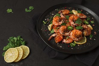 Fried shrimp, headless, with spices, grilled, homemade, no people