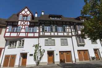 Historic street Fronhof, Stein am Rhein, half-timbered house, house names, shutters, cobblestones,