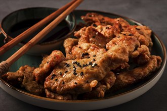 Fried meat in batter, deep-fried, with sesame seeds, and soy sauce, on a gray table, there are no