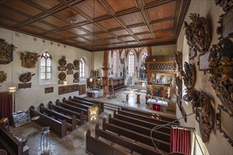 View from the gallery into the church interior with high altar, Gothic St Mary's Church,