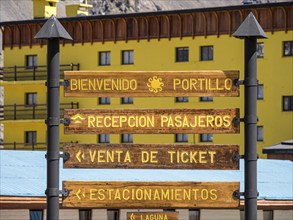 Information sign at ski resort Portillo, at Paso de la Cumbre, Chile, South America