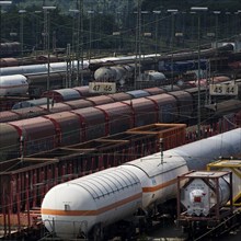 Train formation yard in the Vorhalle district, marshalling yard, goods trains, Hagen, Ruhr area,