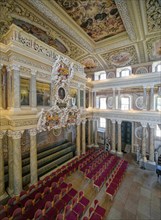 Coat of arms and portrait on the princely gallery, ceiling design, baroque church, baroque castle