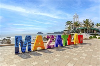 Mazatlan, Mexico-10 March, 2020: Big Mazatlan Letters at the entrance to Golden Zone (Zona Dorada),