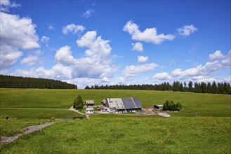 Farmstead with solar cells in a landscape with meadows and forest under a blue sky with cumulus