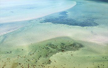 Aerial view of turquoise sea at a sandy beach, Lofoten islands, Norway, Europe