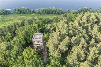 Aerial view of viewpoint Kiepenberg near Elbe river, wooden tower west of village Hitzacker,