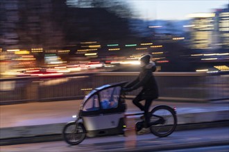 Skyline of the city centre of Frankfurt am Main, cargo bike cyclist on the rafter bridge, dusk,