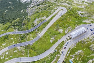 Aerial view of the Belvedere Hotel and the Furka Pass road, Obergoms, Canton of Valais, Swiss Alps,