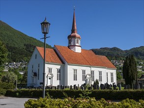 Eid church in village Nordfjordeid at the Nordfjord, Norway, Europe