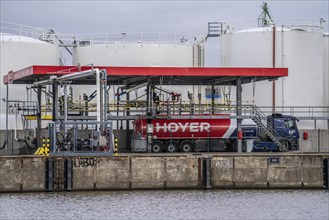 Tank farm of the energy company Hoyer in the harbour of Bremerhaven, tank farm, loading of fuel,