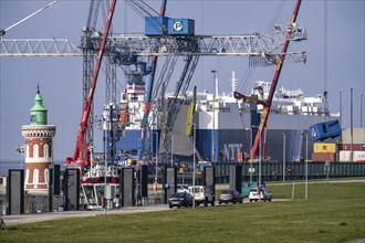 Car carrier ship, GOLIATH LEADER, at the general cargo terminal, Columbuskaje, harbour cranes,