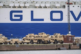 US military vehicles in the seaport of Bremerhaven, they come from the USA and are transported to