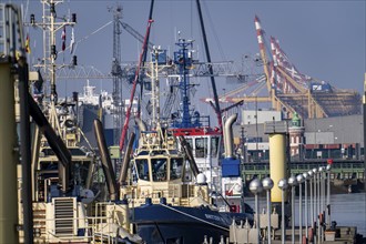 Harbour tugs, tugboats, bowser, at the pier at Columbuskaje, harbour cranes, historic Pingelturm,