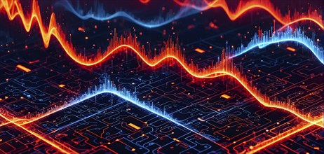 Abstract illustration of digital wave forms and circuits converging to form abstract symbols of